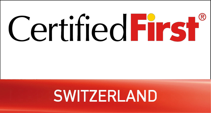Certified First-Logo in Schwarz und Rot über einem roten Schweiz-Banner, das die Toyota-, Lexus- und Suzuki-Autodienstleistungen der Frey Auto AG hervorhebt.