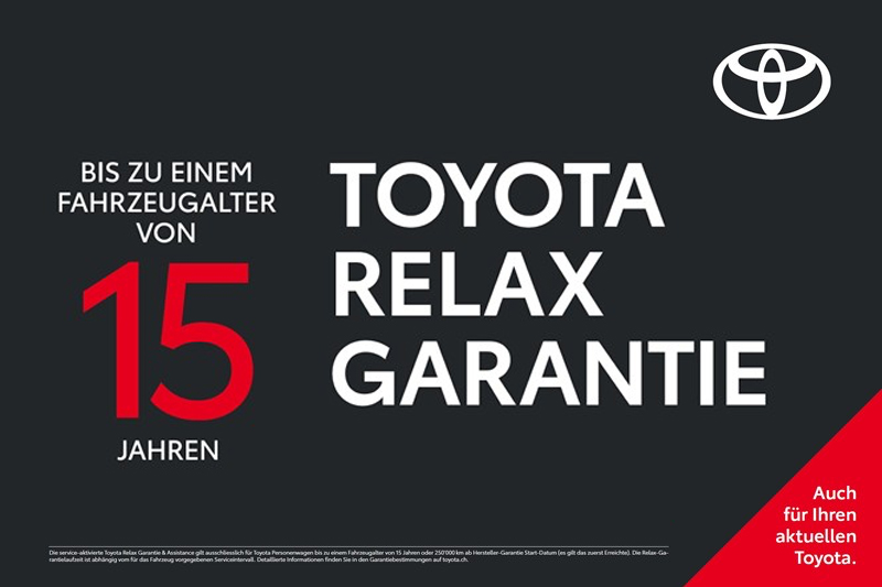 Informationen zur „Toyota Relax“-Garantie für Fahrzeuge der Marken Toyota, Lexus und Suzuki, die bis zu 15 Jahre alt sind. Diese wird bei der Frey Auto AG zusammen mit Dienstleistungen wie MFK-Prüfung, Reifenservice, Wartung, Karosseriearbeiten, Autoverkauf und Autowäsche angeboten.