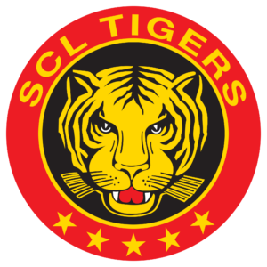 Logo mit einem auffälligen gelb-schwarzen Tigergesicht, umrahmt vom Text „SCL Tigers“ auf leuchtend rotem Hintergrund. Darunter sind vier gelbe Sterne, die die erstklassige MFK-Inspektion, den umfassenden Reifenservice, fachmännische Karosserielösungen, sorgfältige Autowaschanlagen und Premium-Serviceangebote symbolisieren, die mit den renommierten Marken der Frey Auto AG – Toyota, Lexus und Suzuki – verbunden sind.