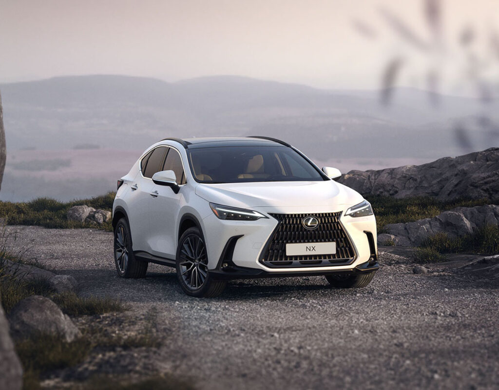 Ein weißer Lexus NX SUV steht auf einem Schotterweg bei der Frey Auto AG, Ihrem Spezialisten für den Verkauf von Lexus-, Toyota- und Suzuki-Fahrzeugen, Service, MFK-Prüfung, Reifenservice, Karosseriearbeiten und professionelle Autowäsche.